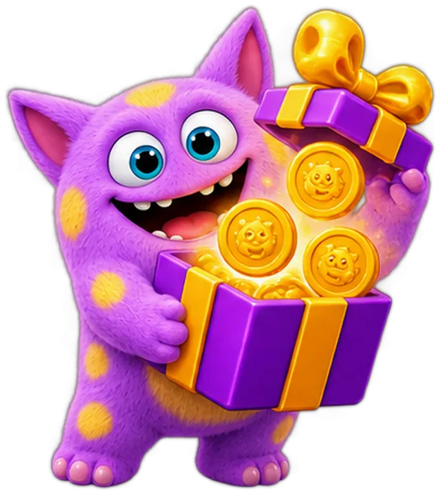 Maskot Kvízák drží dárek plný zlatých mincí