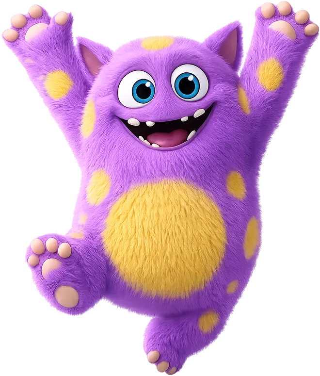Maskot Kvízák ve výskoku s tlapkami nad hlavou