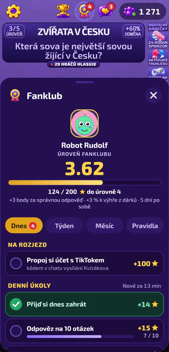 Aplikace Kvízákov: fanklub s úrovní hráče a denními úkoly