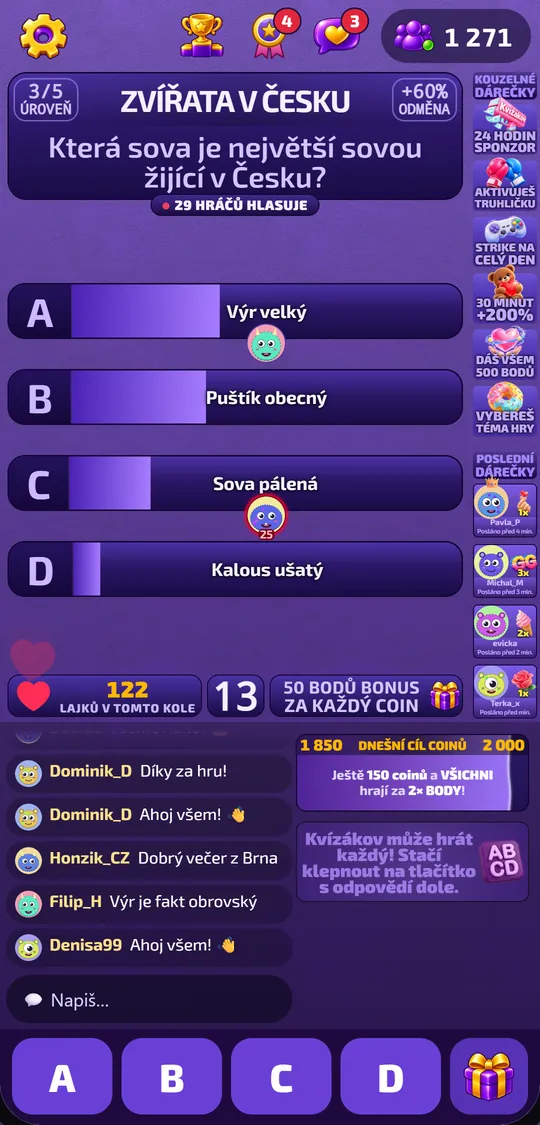 Aplikace Kvízákov: kvízová otázka se čtyřmi odpověďmi, časovačem a chatem