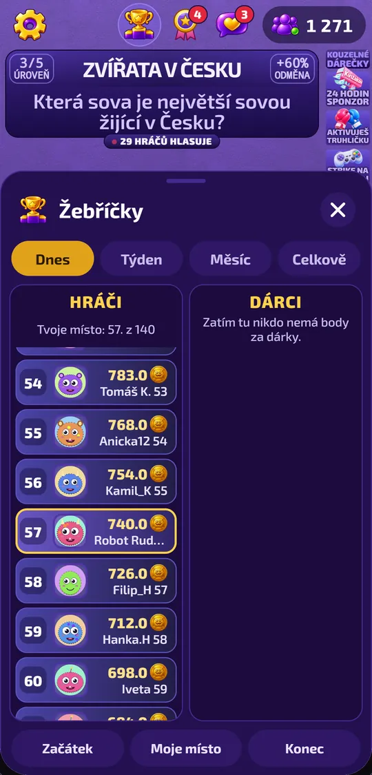 Aplikace Kvízákov: list žebříčků s mým místem mezi hráči